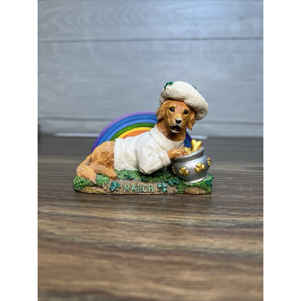 Danbury Mint March Golden Retriever Calendar Dog Figurine Rainbow Pot‎ of Gold